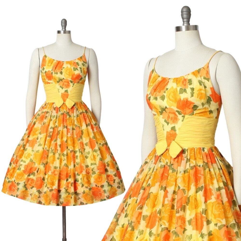 Vintage 1950s Sundress 50s Rose Floral Print Cotton Pin Up Day Dress